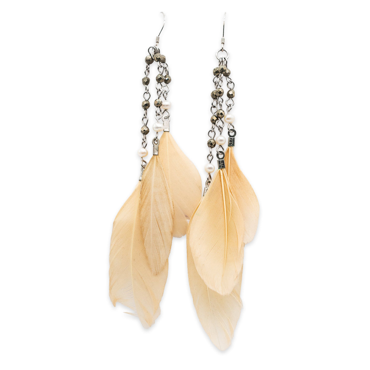 Pair of earrings with beige feathers and beaded chains on a white background