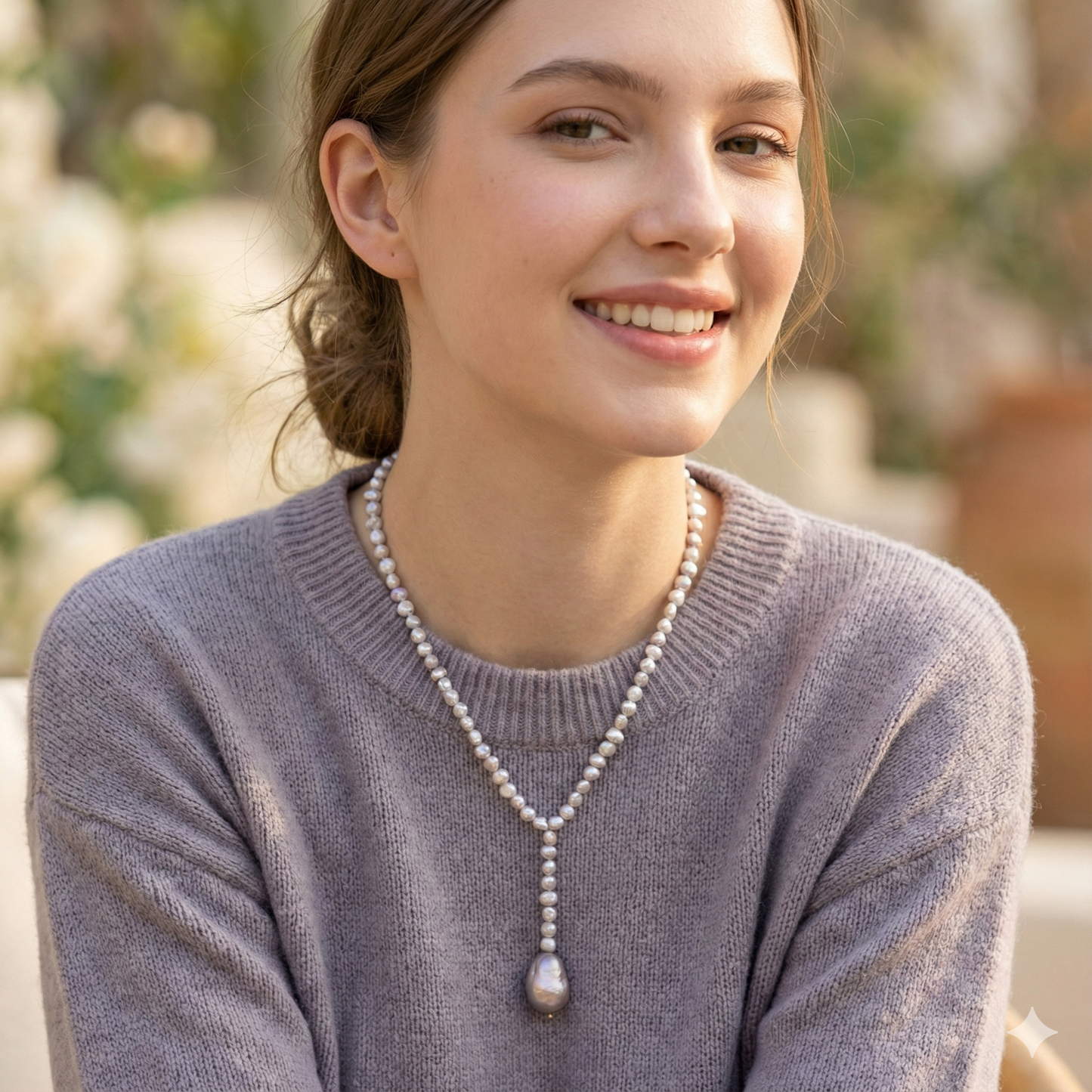 Woman wearing a pearl necklace outdoors