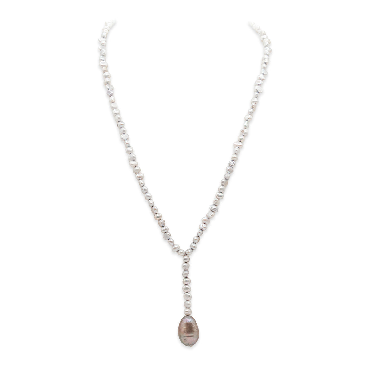 Pearl necklace with a single pearl pendant on a white background