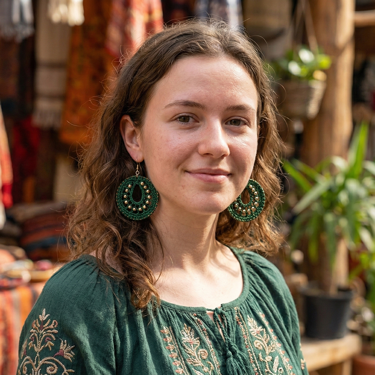 Woman wearing green earrings and a green embroidered top in a market setting
