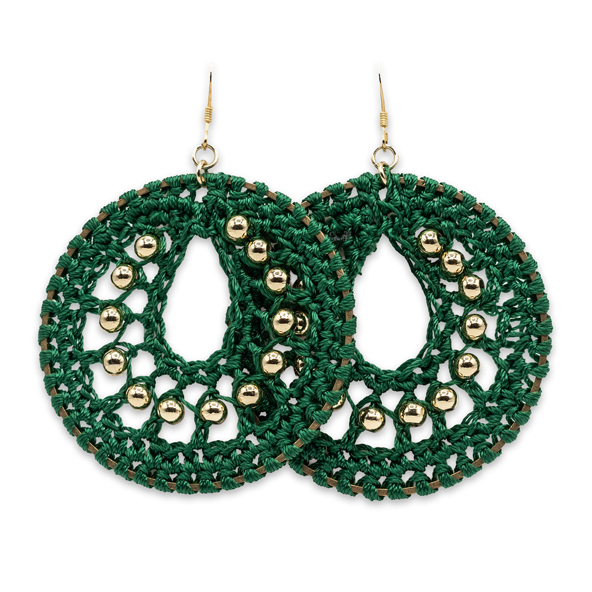 Green crocheted earrings with gold beads on a white background