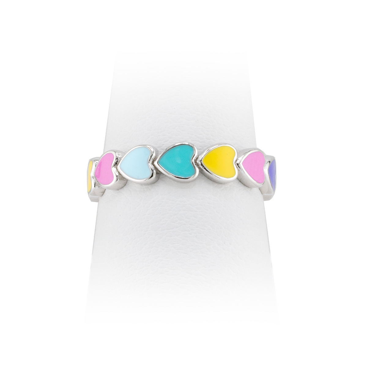 Ring with colorful heart-shaped stones on a white background