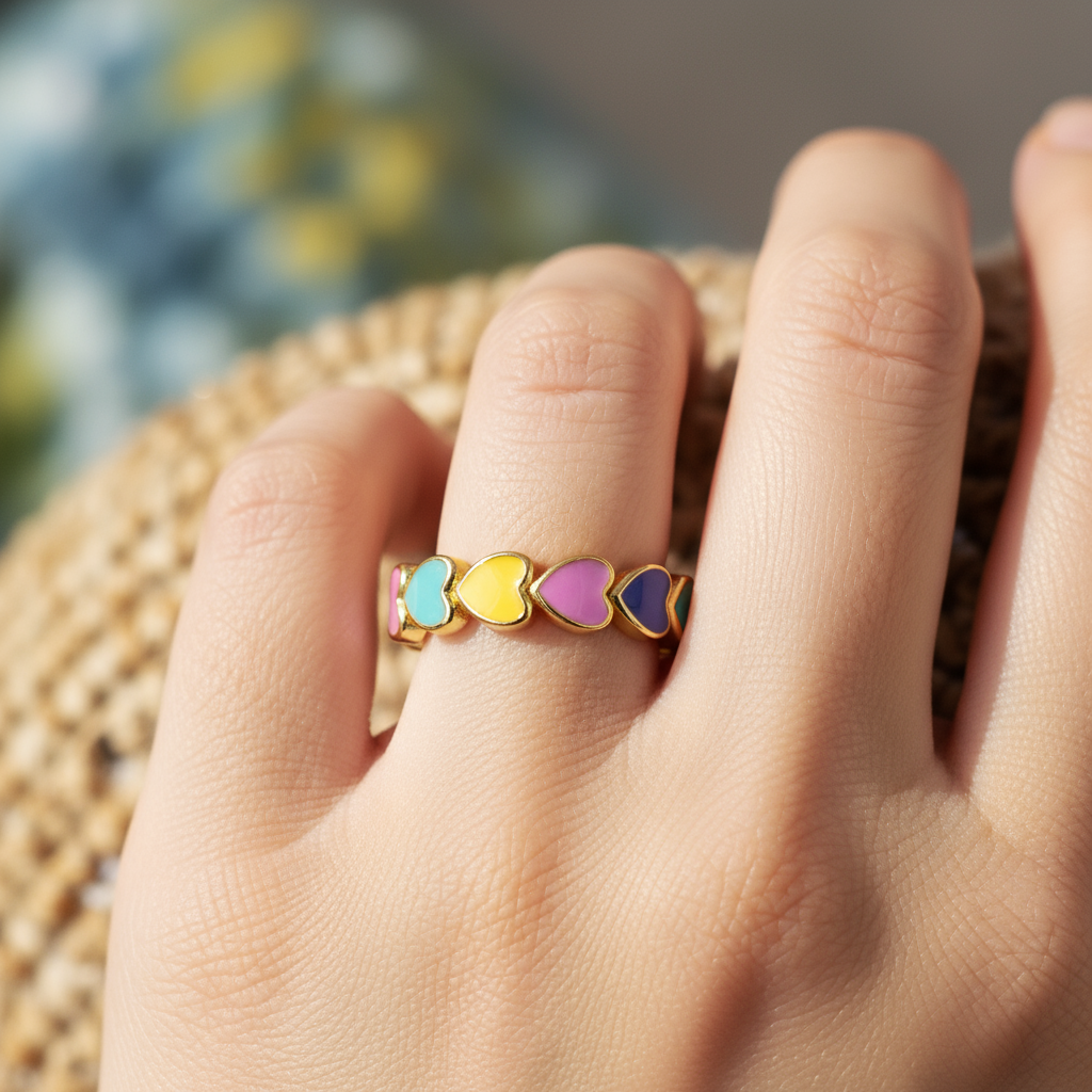Colorful heart-shaped ring on a hand with a blurred background
