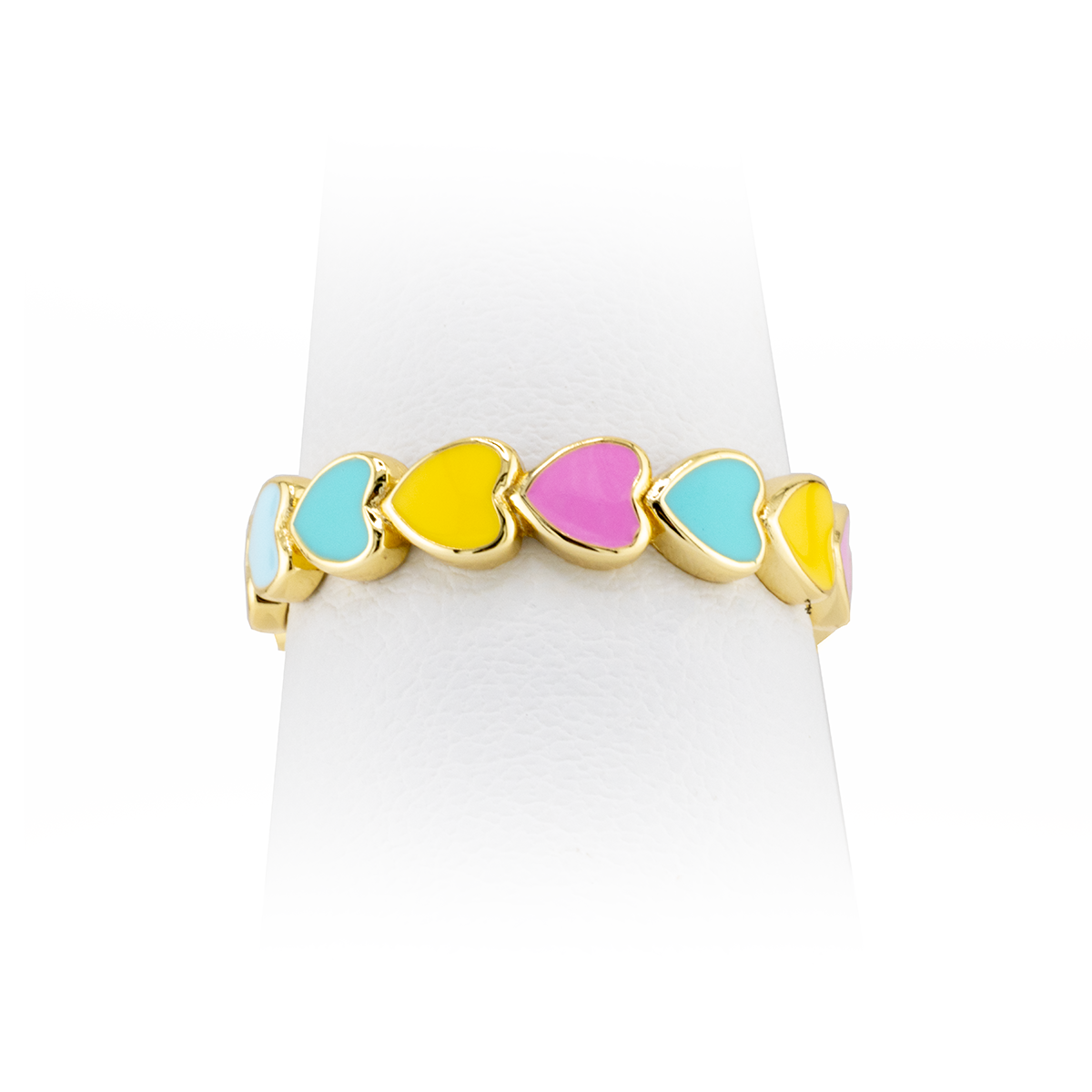 Ring with colorful heart-shaped stones on a white background