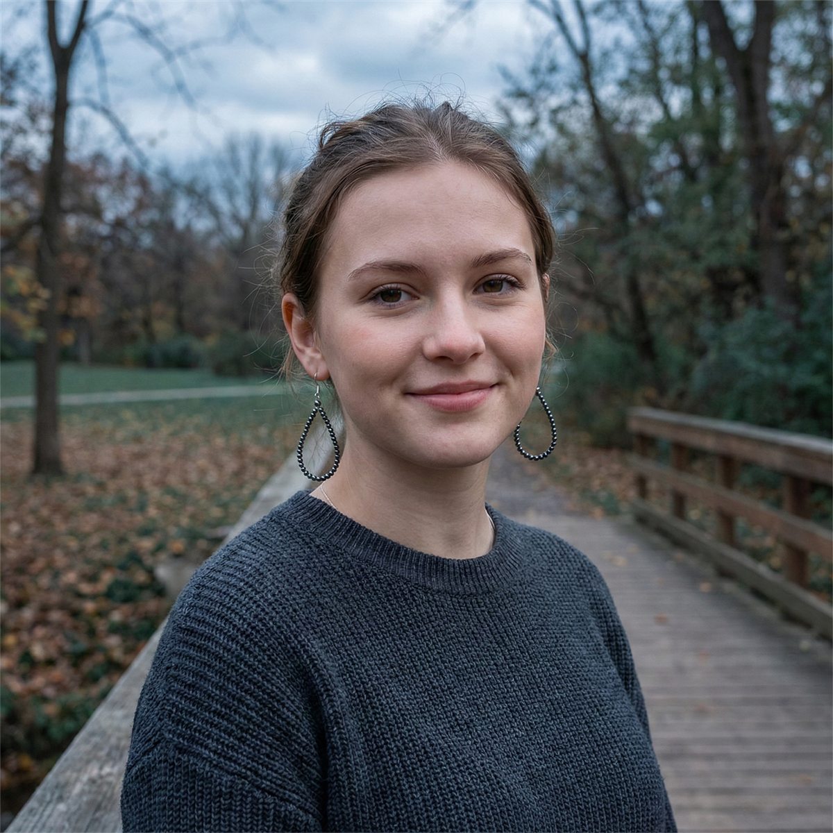 Woman standing on a wooden path in a park with trees and grass in the background