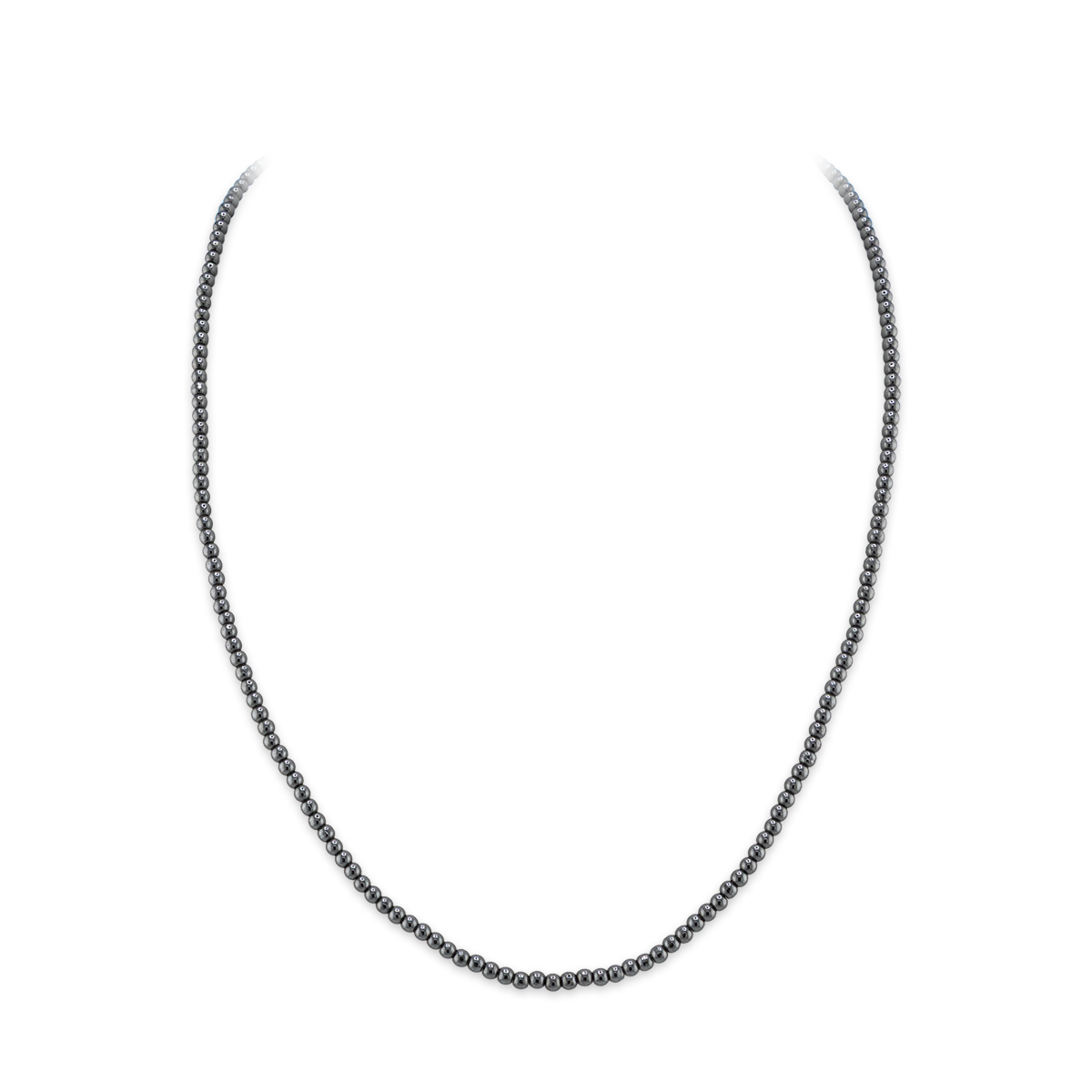 Black beaded necklace on a white background