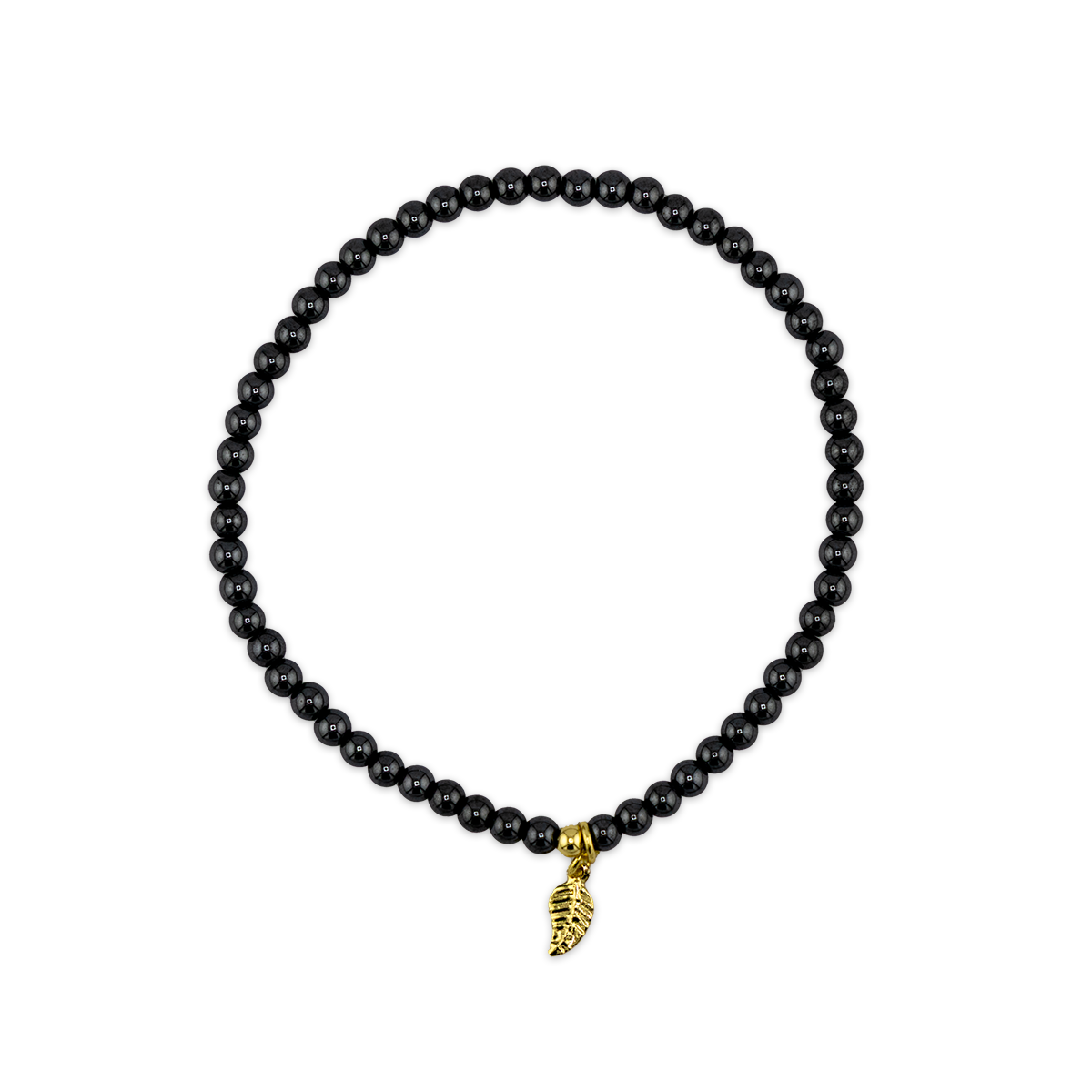 Black beaded bracelet with a gold leaf charm on a white background