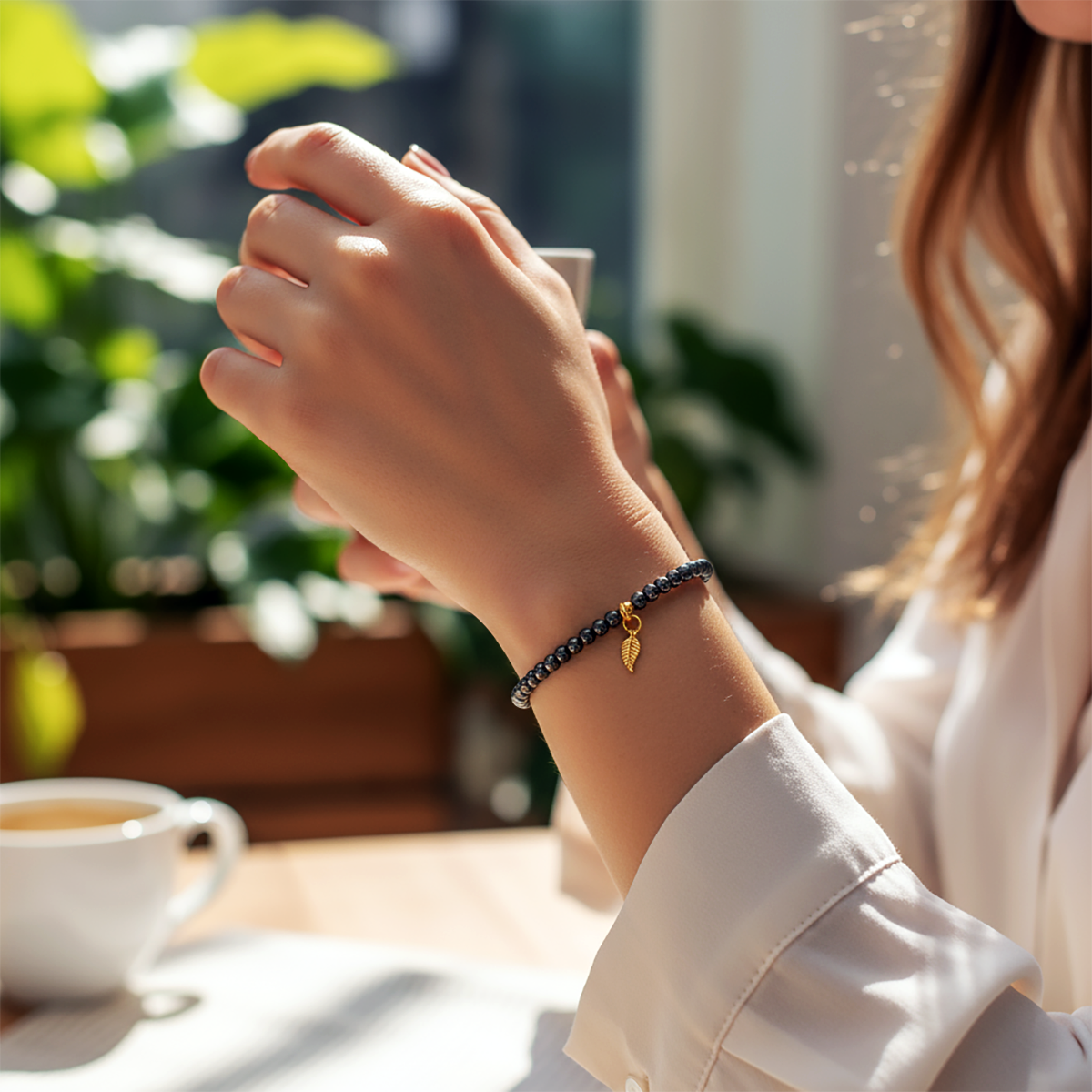 Person holding a cup with a blurred background of greenery and a white wall.
