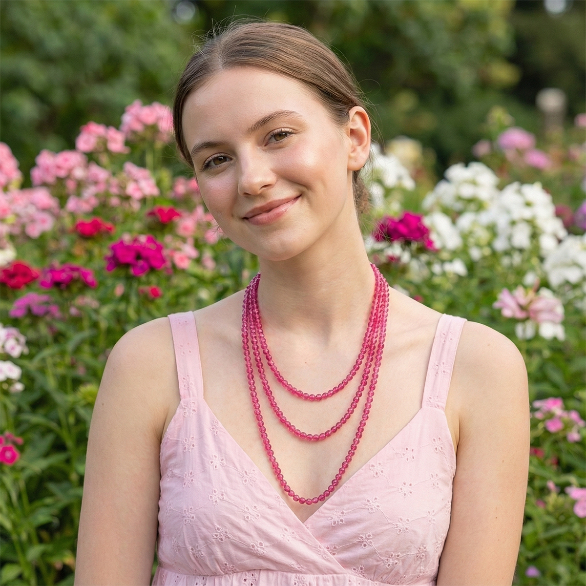 Woman wearing a pink dress and multiple necklaces in a garden setting