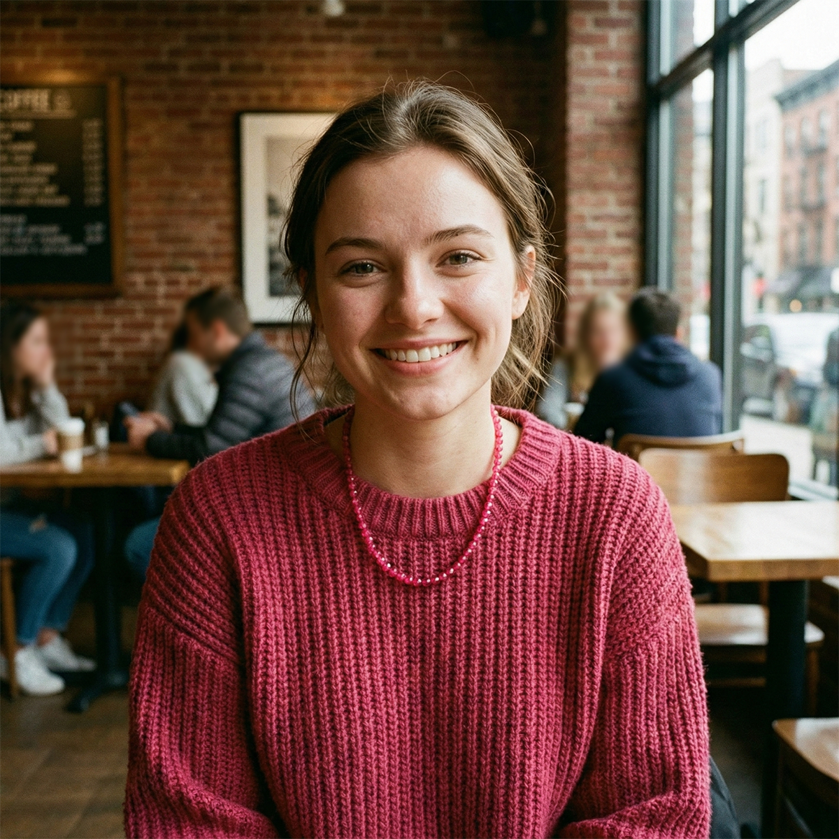 Woman in a red sweater smiling in a casual indoor setting
