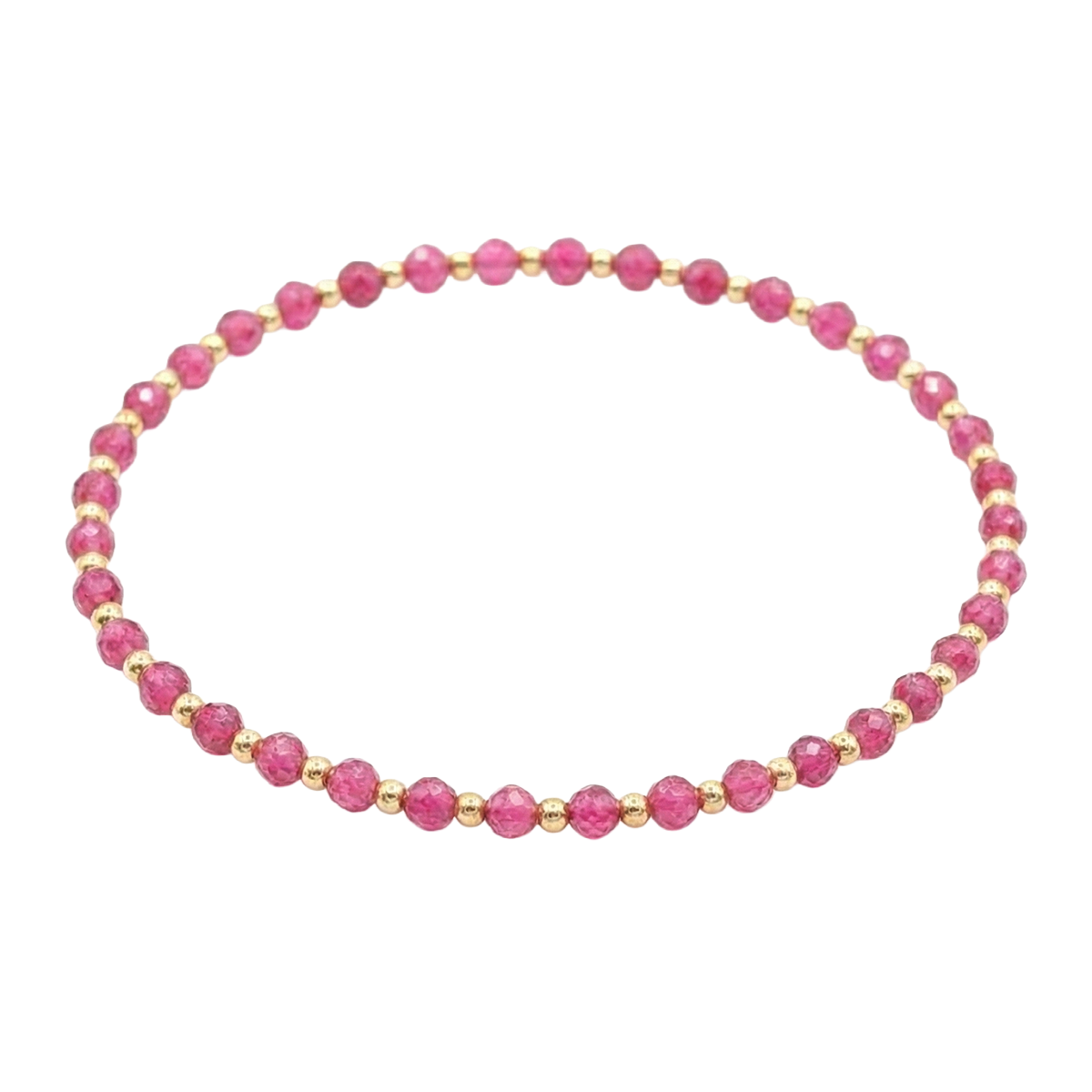 Necklace with pink beads and gold accents on a white background