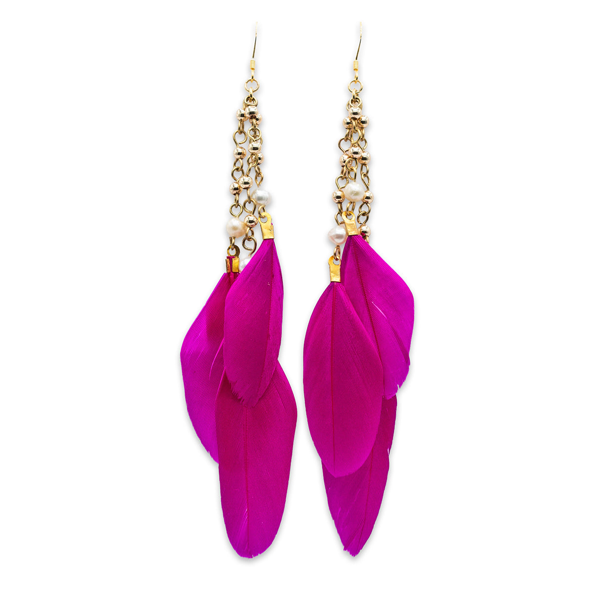 Purple feather earrings with gold accents on a white background