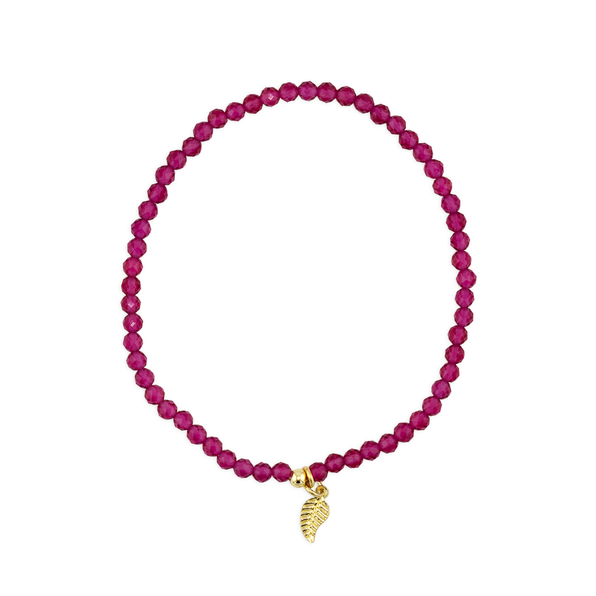 Pink beaded bracelet with a gold charm on a white background