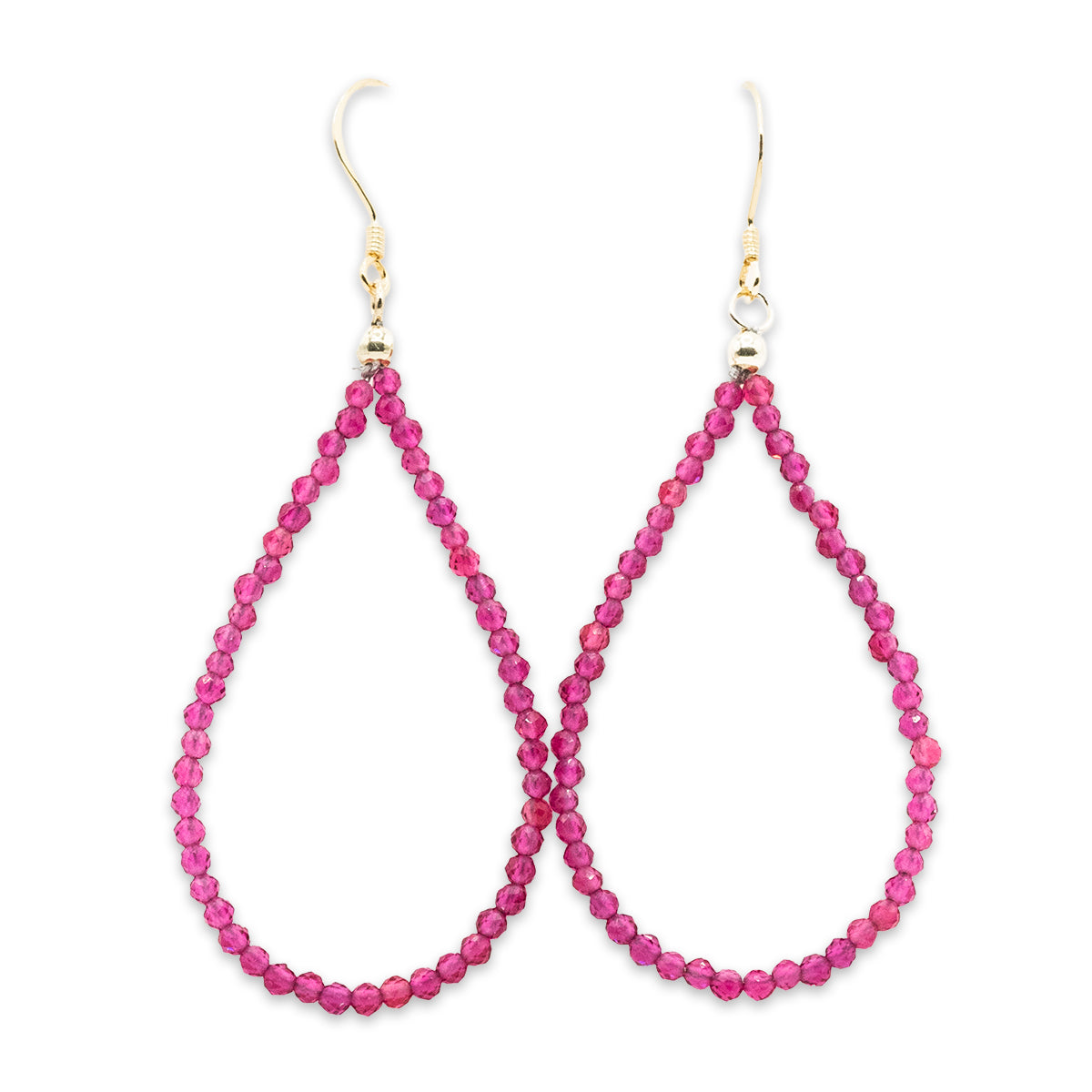 Pair of pink beaded earrings on a white background