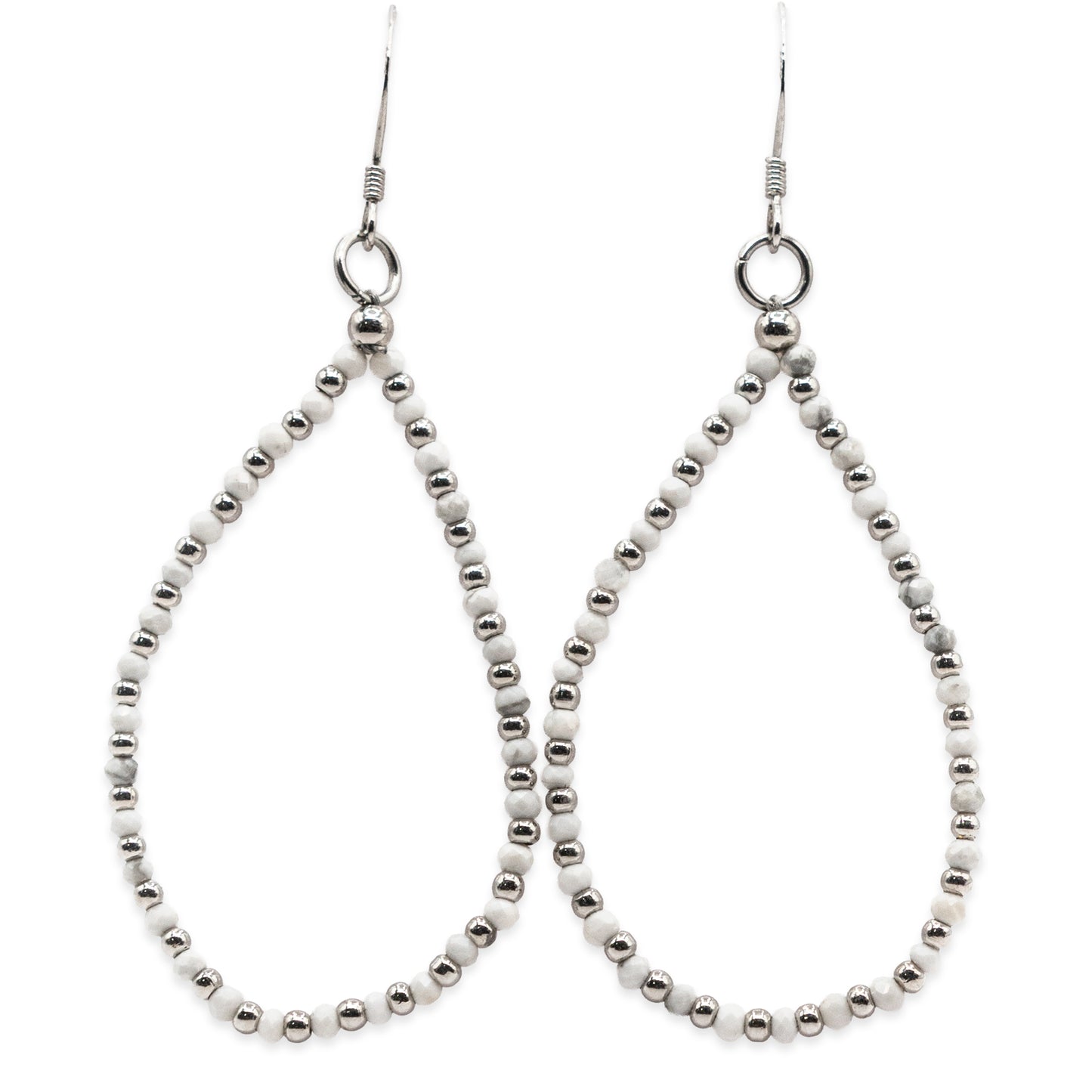Teardrop-shaped beaded earrings on a white background