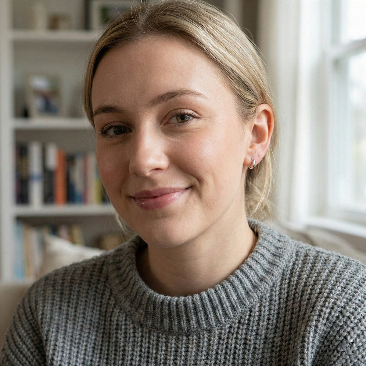 Woman wearing a gray sweater in a room with bookshelves