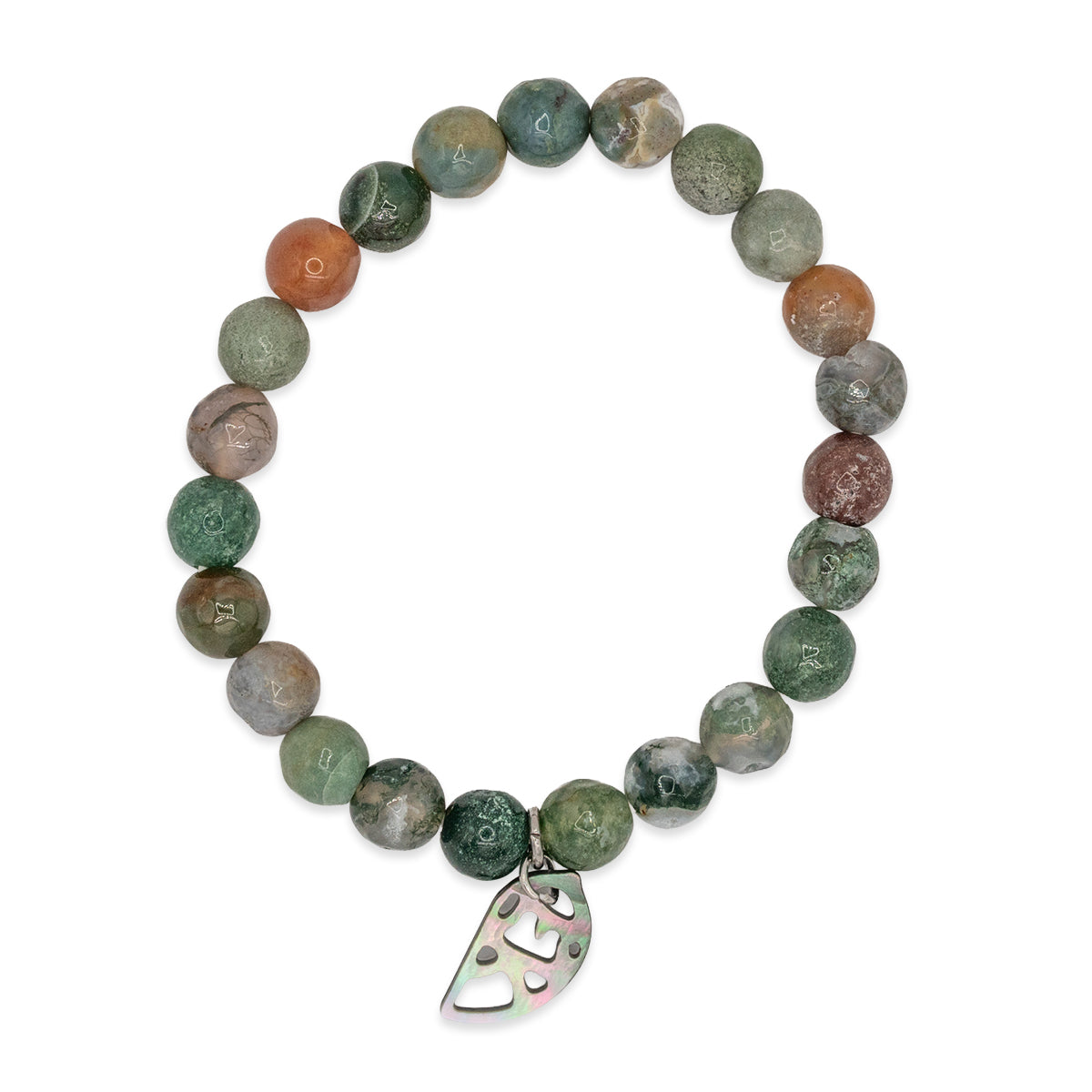 Jewelry bracelet with multicolored beads and a silver charm on a white background