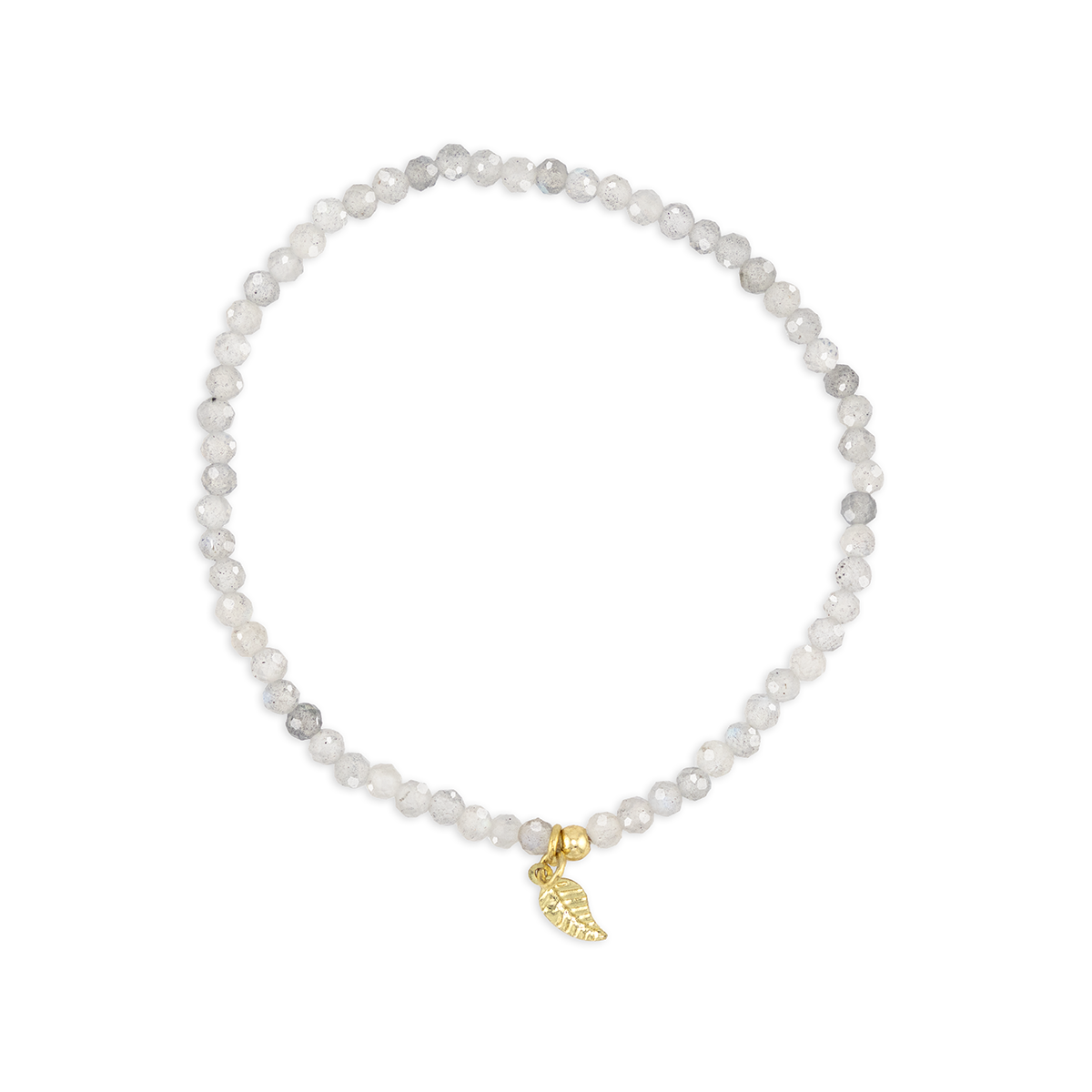 Beaded bracelet with a gold leaf charm on a white background
