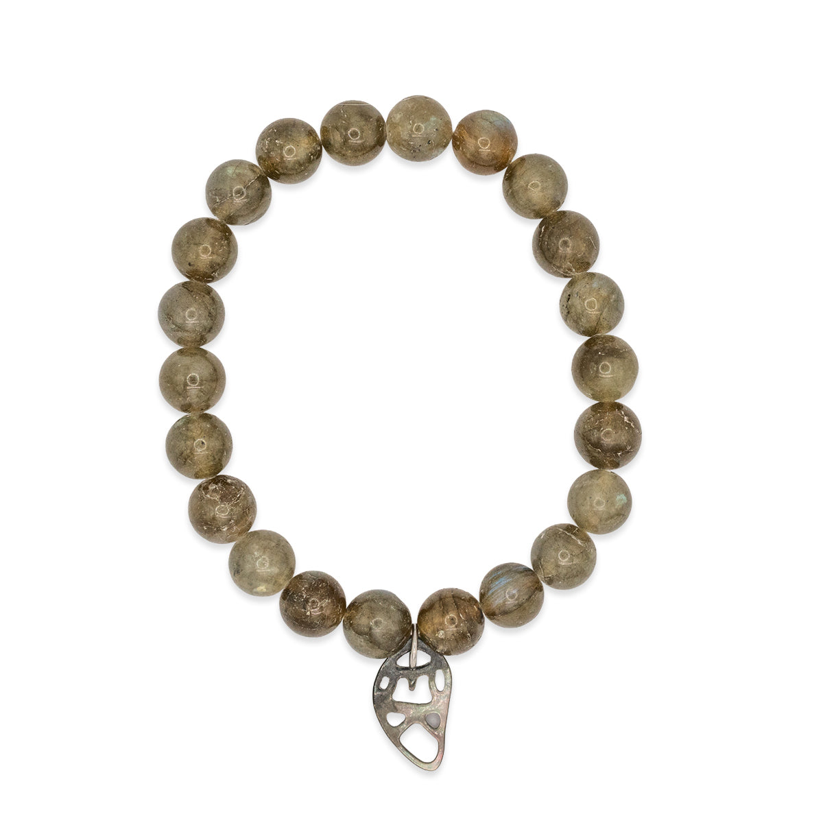 Bracelet with brown beads and a silver heart-shaped clasp on a white background