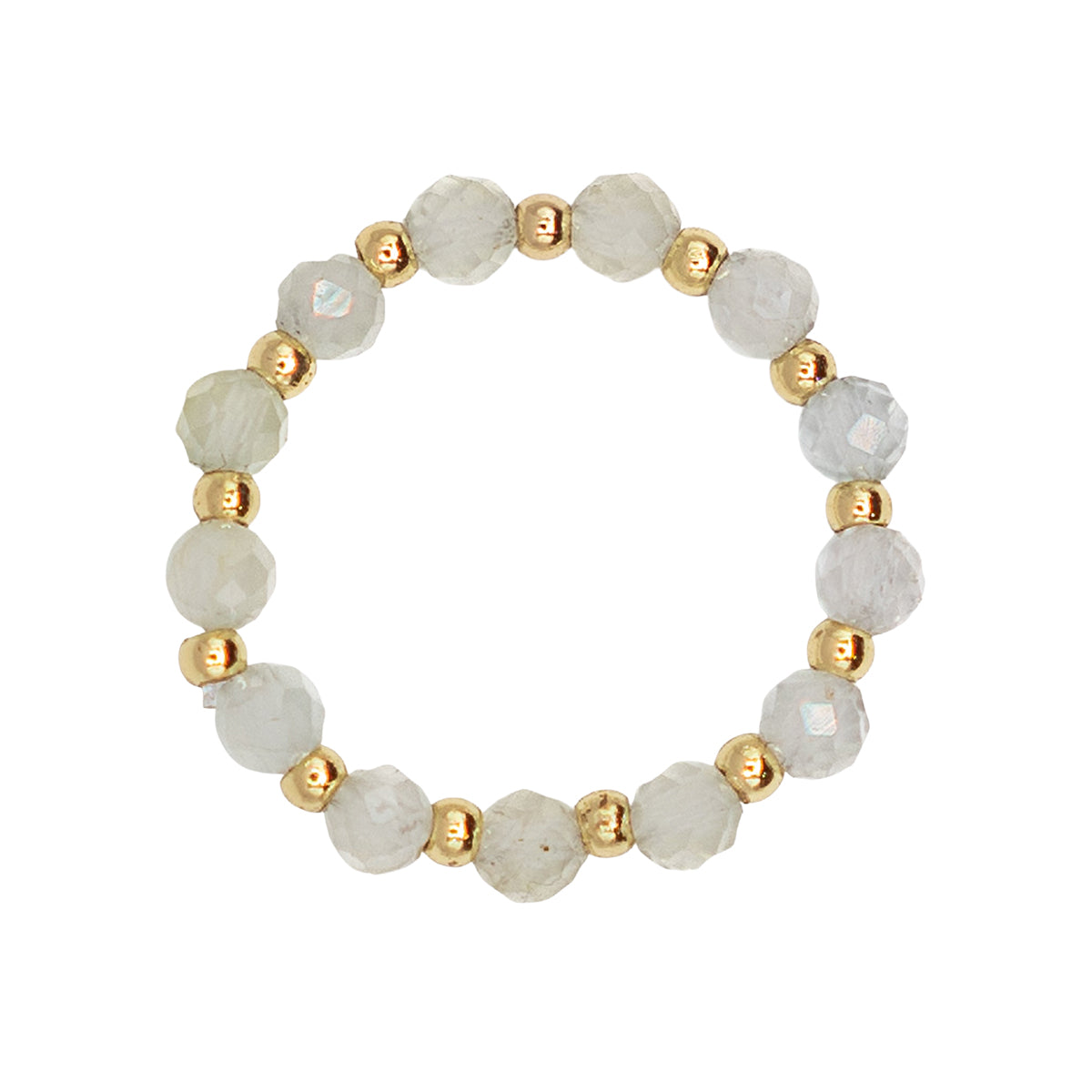 Bracelet with white beads and gold accents on a white background