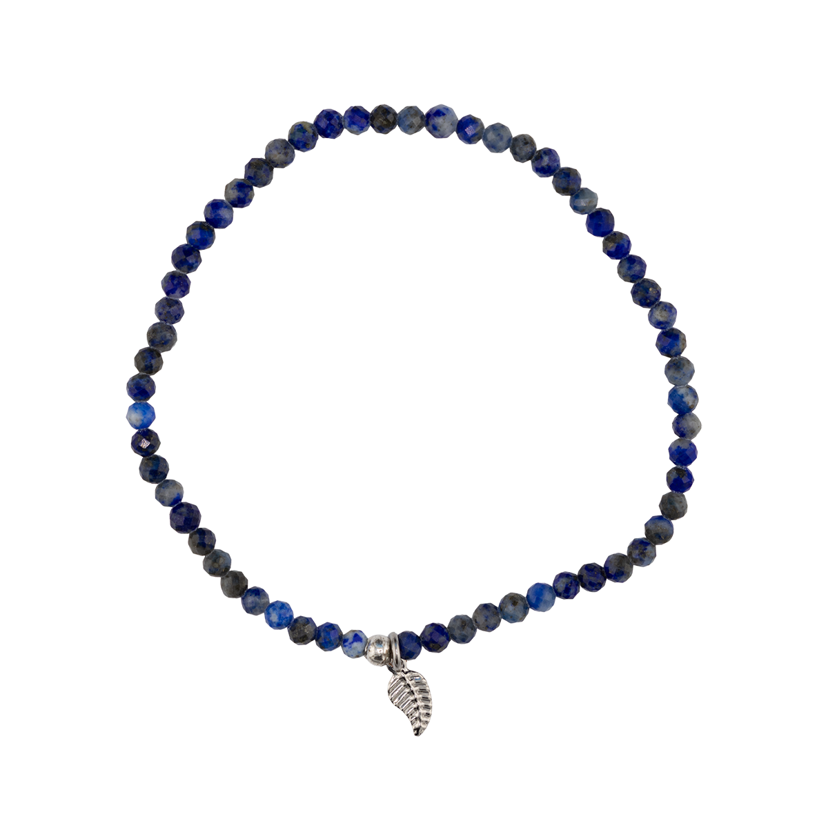 Blue beaded bracelet with a silver leaf charm on a white background