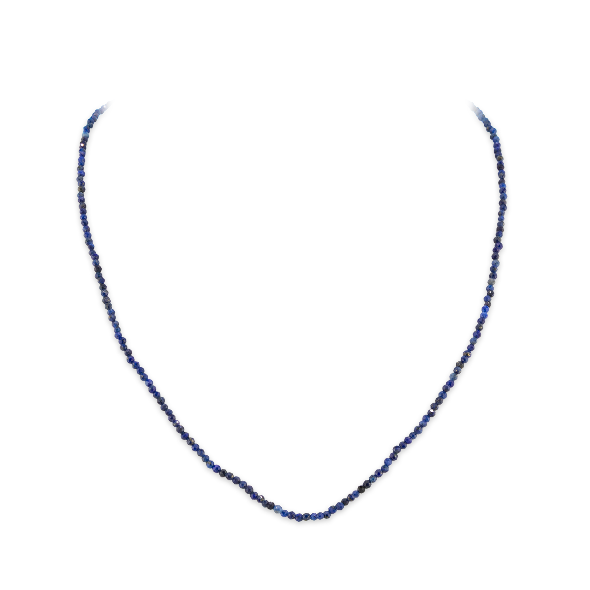 Blue beaded necklace on a white background