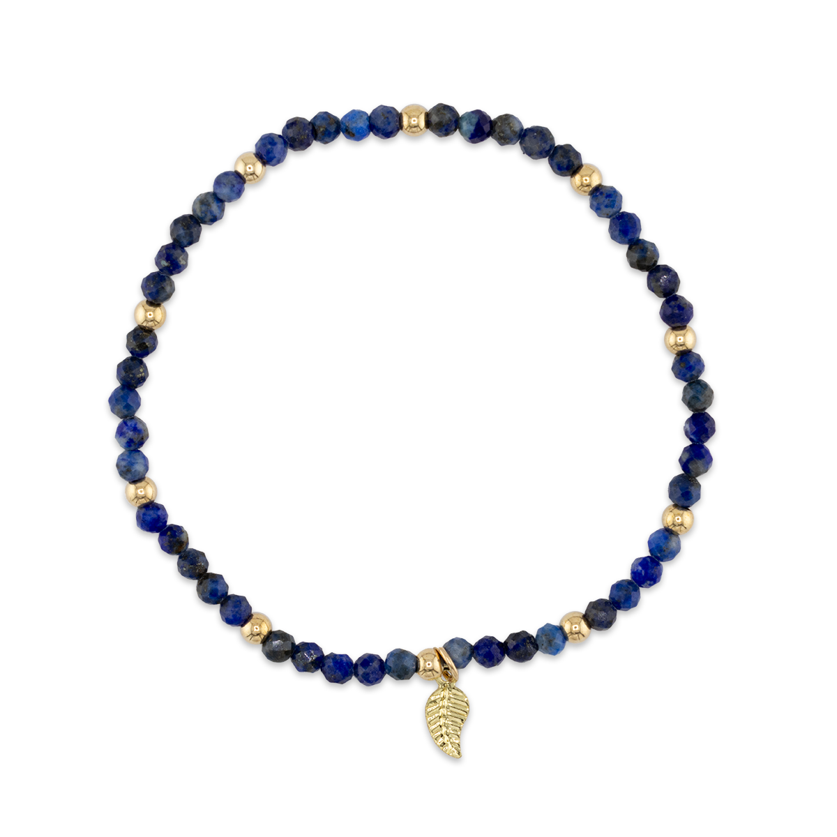 Navy blue beaded bracelet with gold accents on a white background