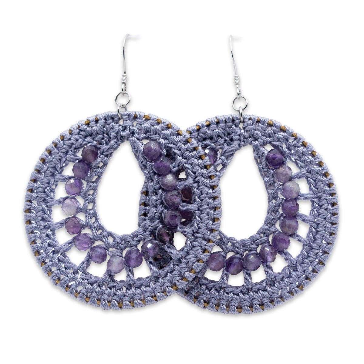 Pair of purple crochet earrings with bead accents on a white background