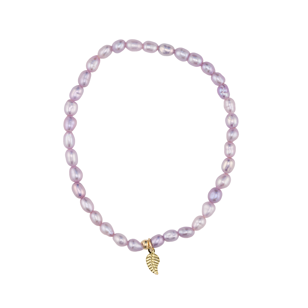 Pink beaded bracelet with a gold leaf charm on a white background