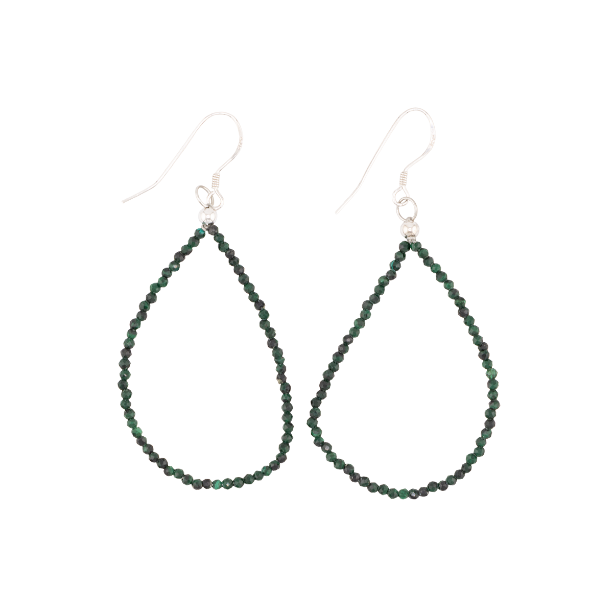 Pair of green beaded teardrop earrings on a white background