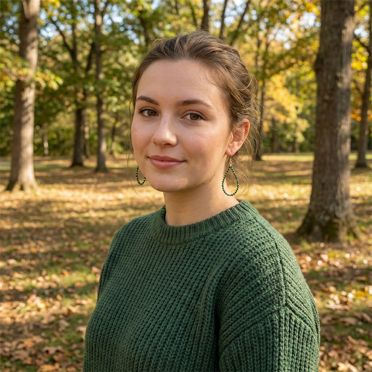 Woman in a green sweater standing in a park with trees and fallen leaves.