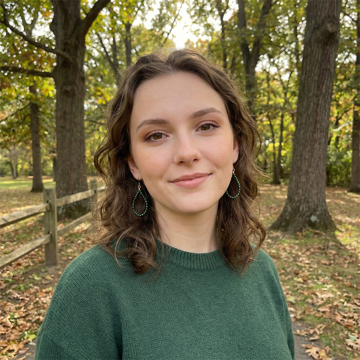 Woman in a green sweater standing in a park with trees and fallen leaves.