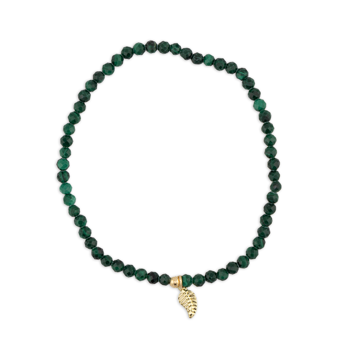 Green beaded necklace with a gold leaf charm on a white background