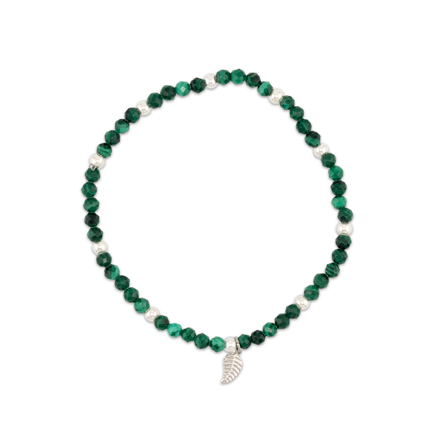 bracelet with green beads and a leaf charm on a white background