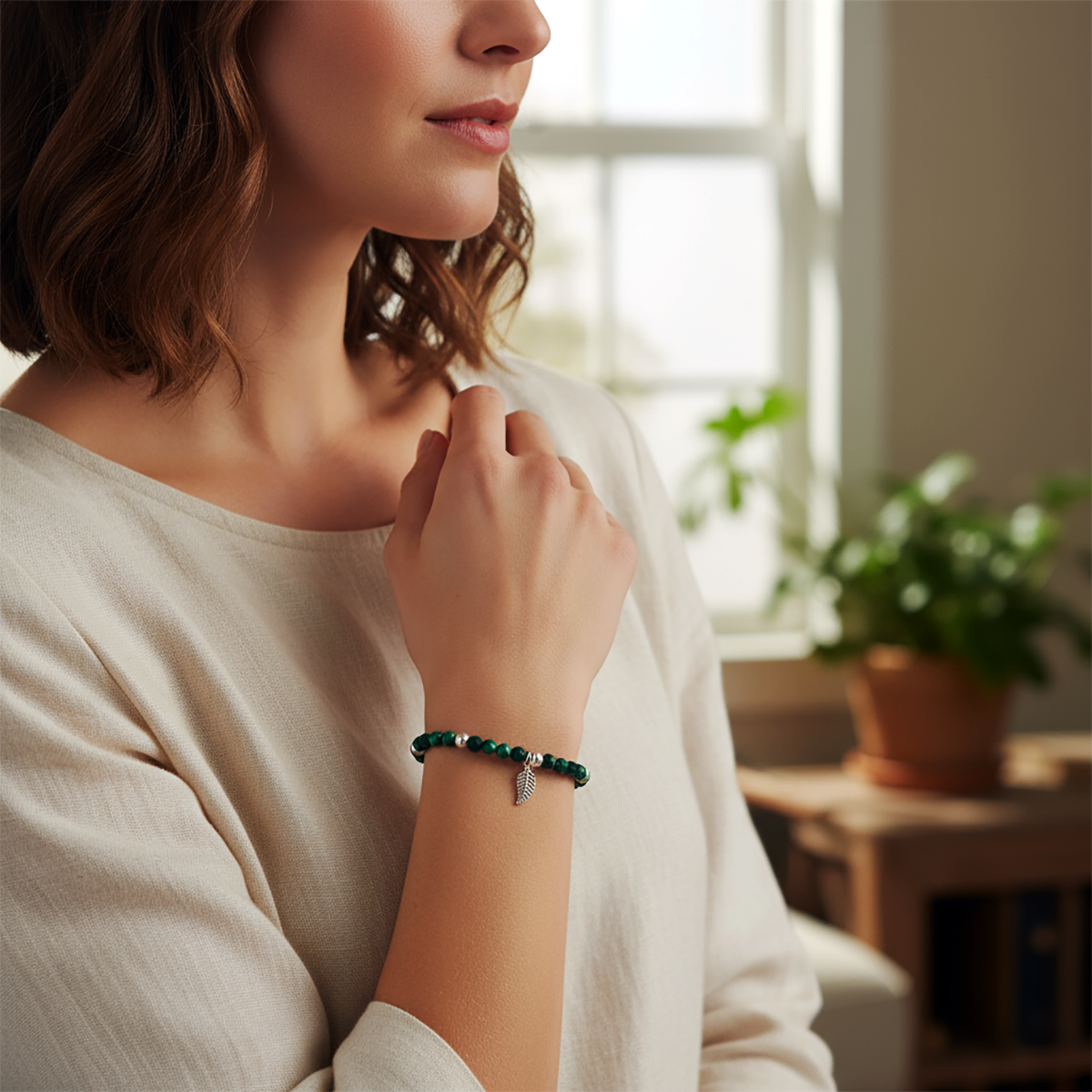 Woman wearing a green bracelet with a blurred indoor background
