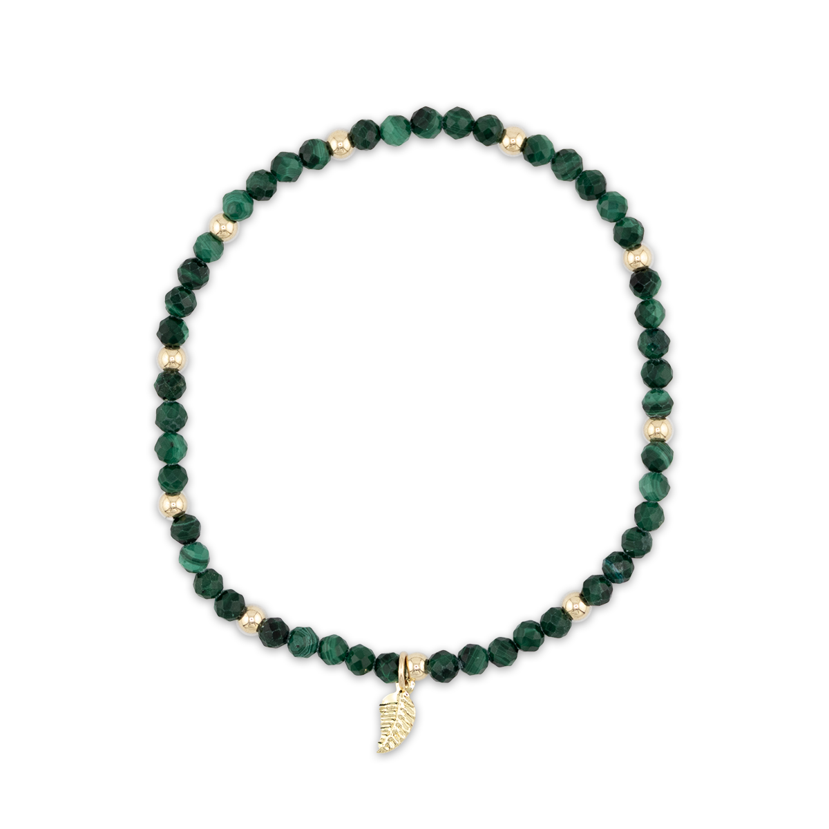 Green beaded bracelet with a gold charm on a white background