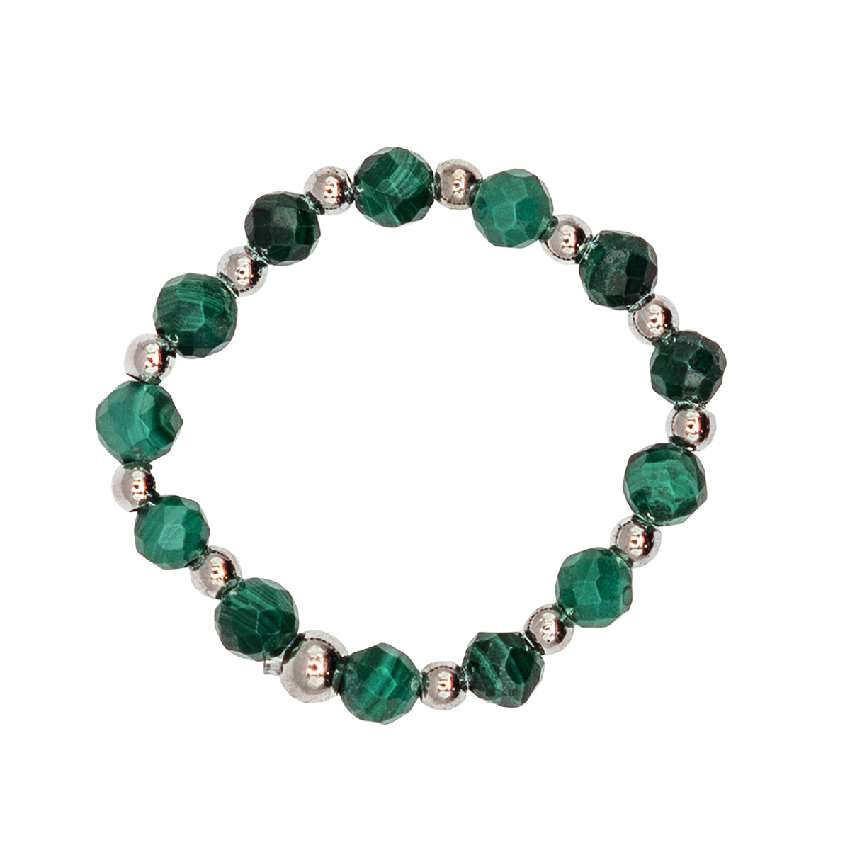 Green beaded bracelet with silver accents on a white background