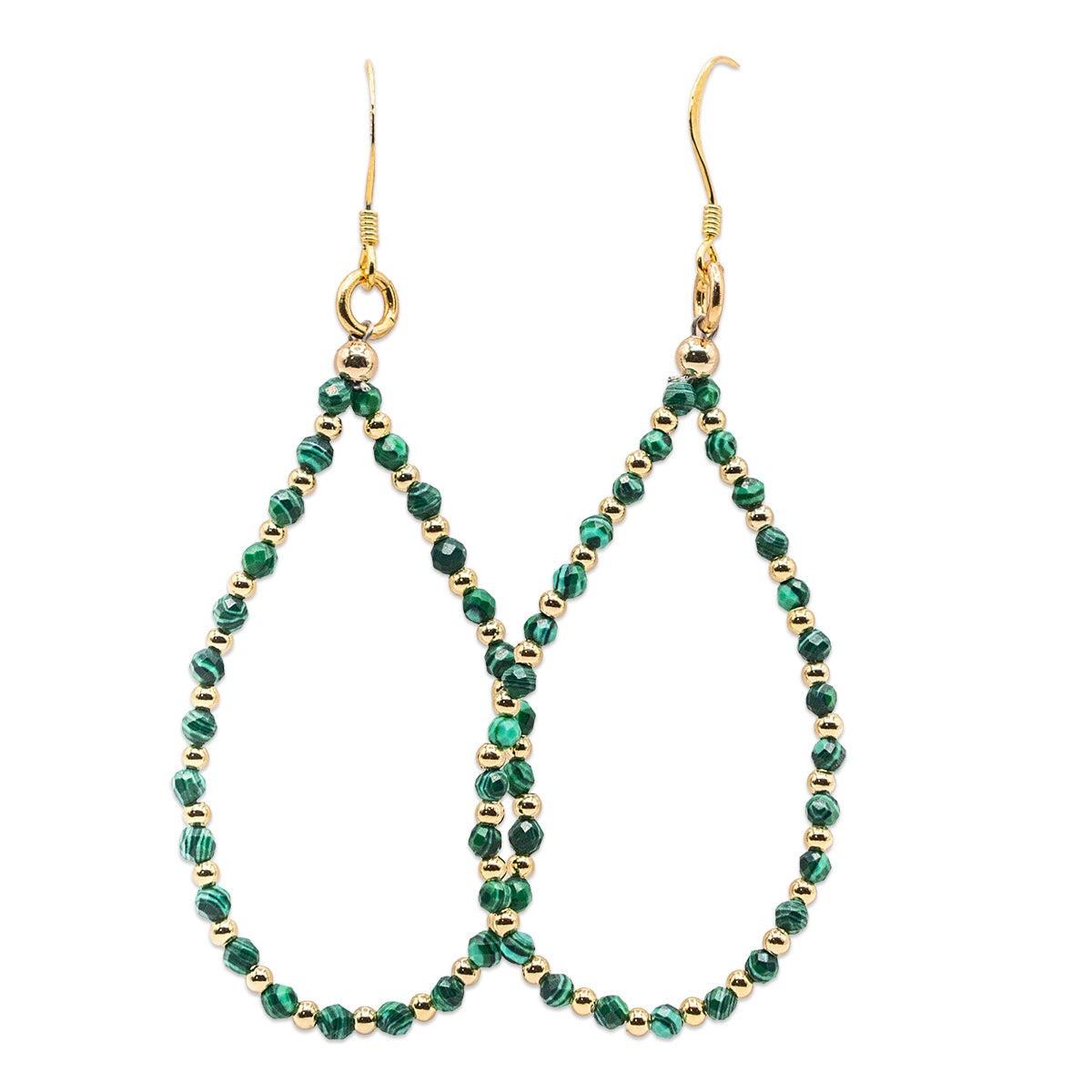 Teardrop-shaped earrings with green beads and gold accents on a white background