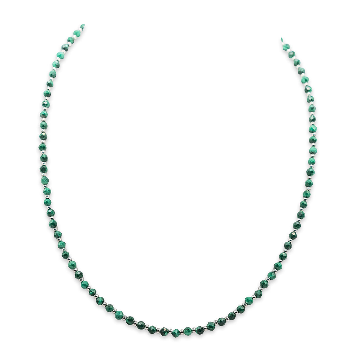 Green beaded necklace on a white background
