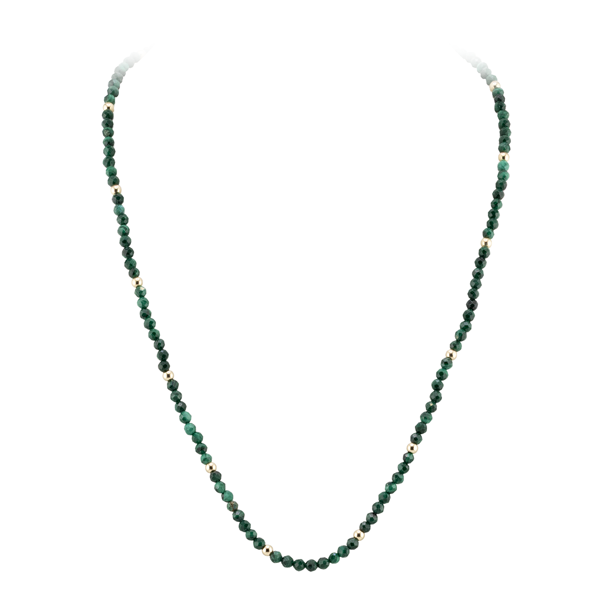Green beaded necklace on a white background