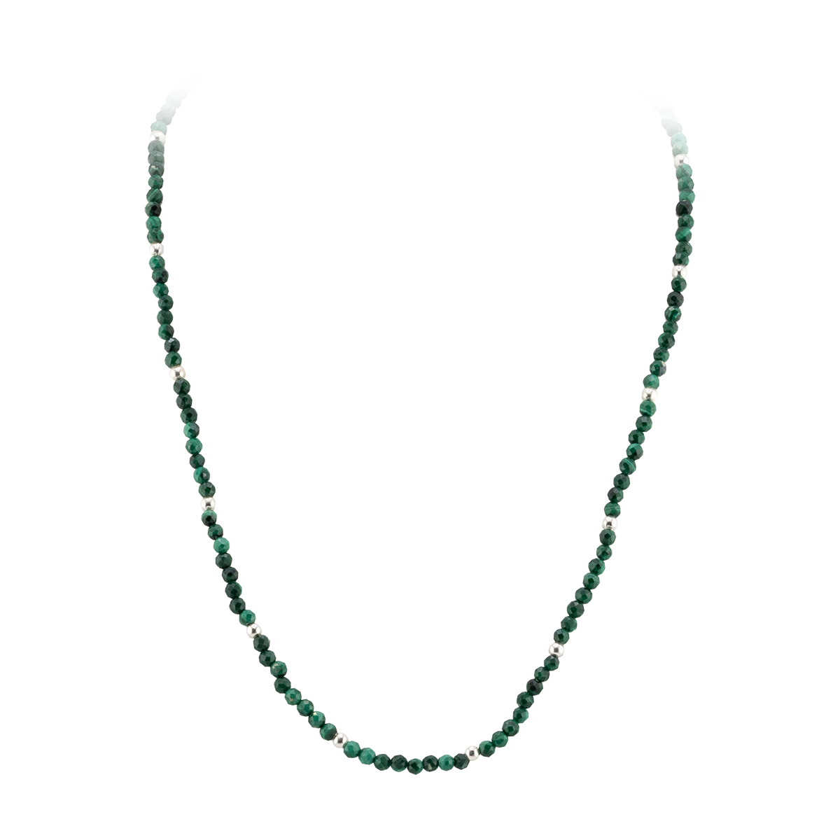Green beaded necklace on a white background