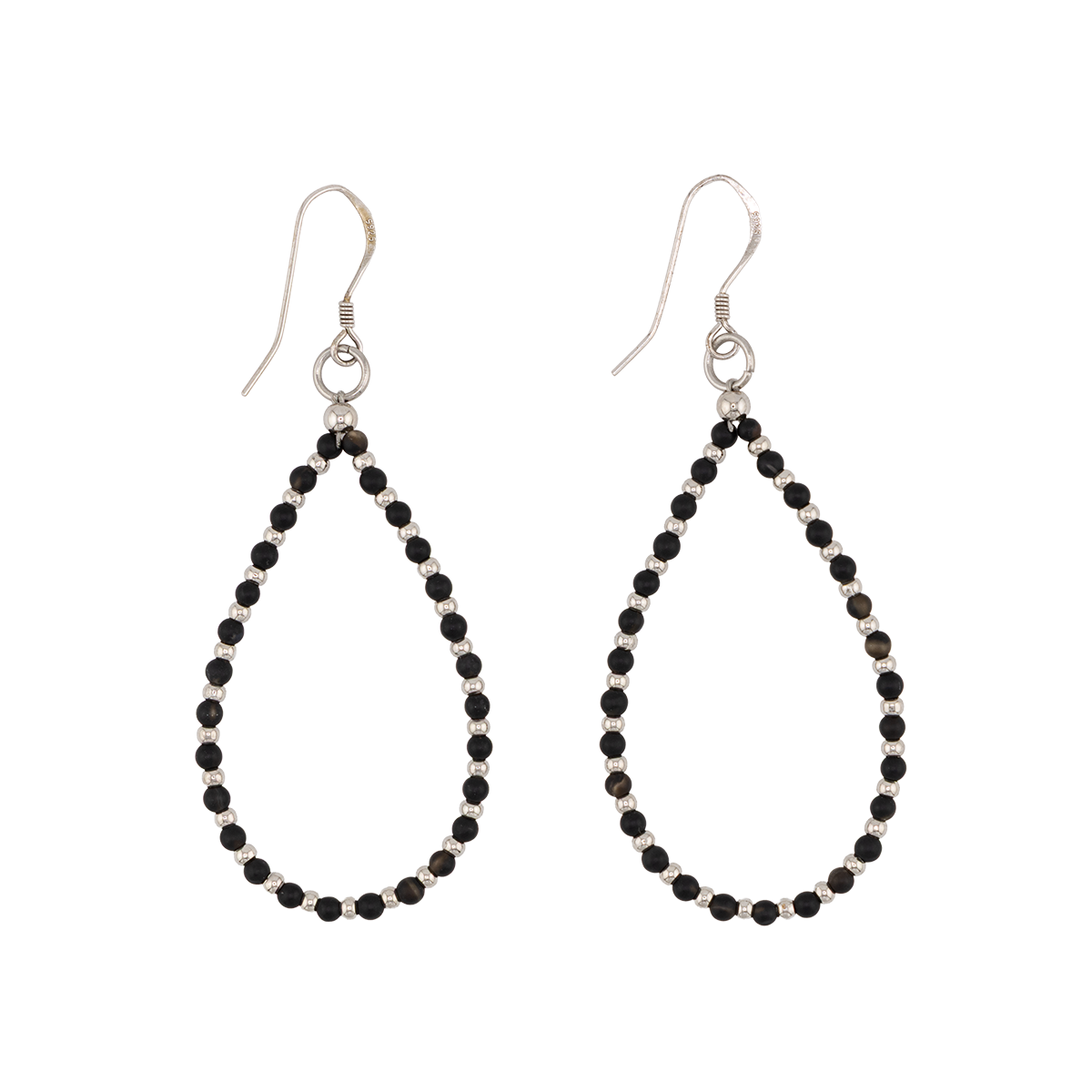 Pair of black beaded earrings on a white background