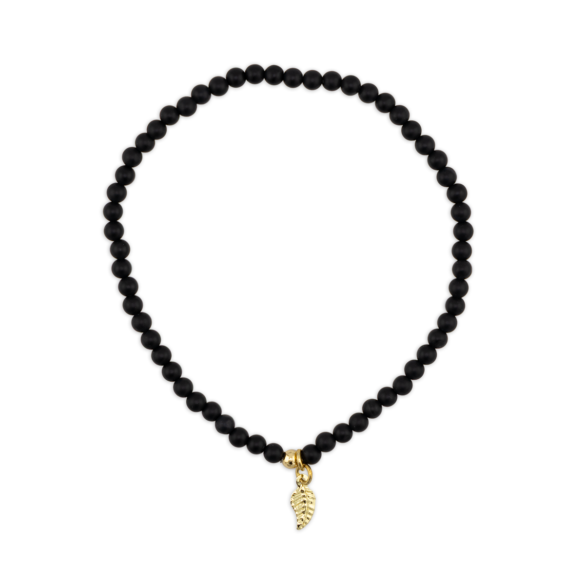 Black beaded bracelet with a gold charm on a white background