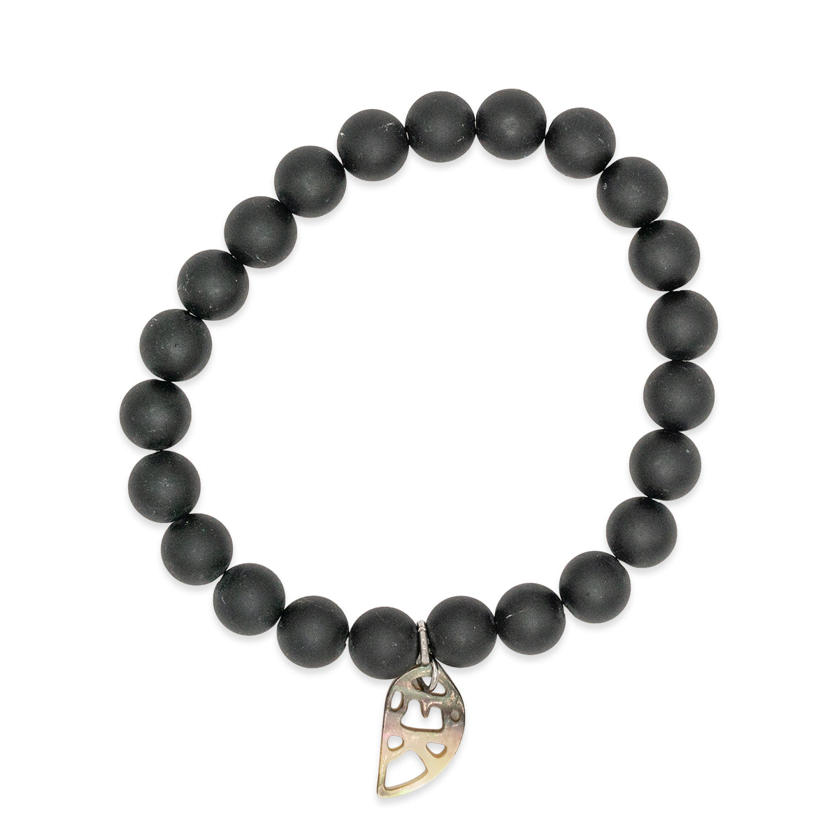 Black beaded bracelet with a gold charm on a white background