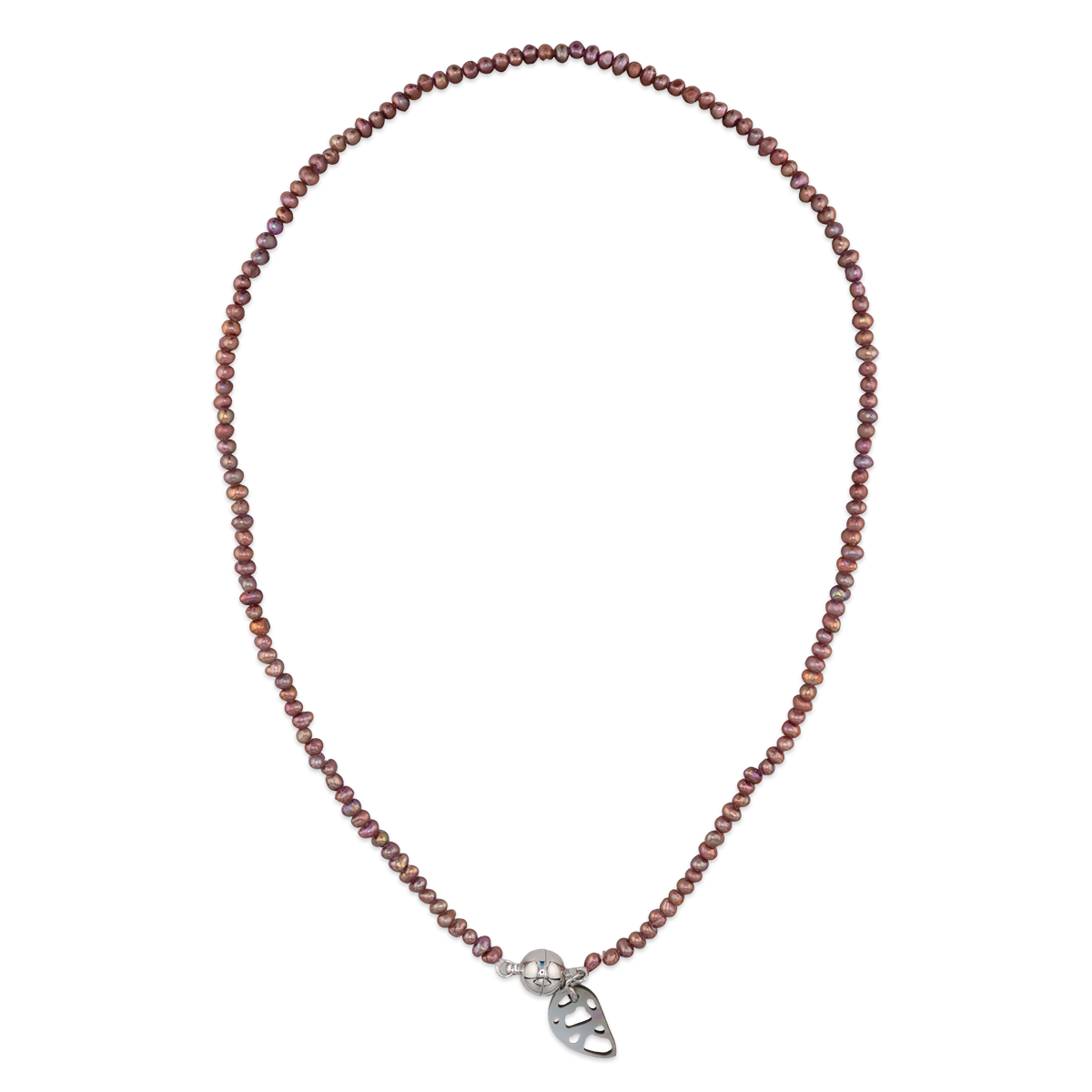 Necklace with beaded chain and silver heart pendant on a white background