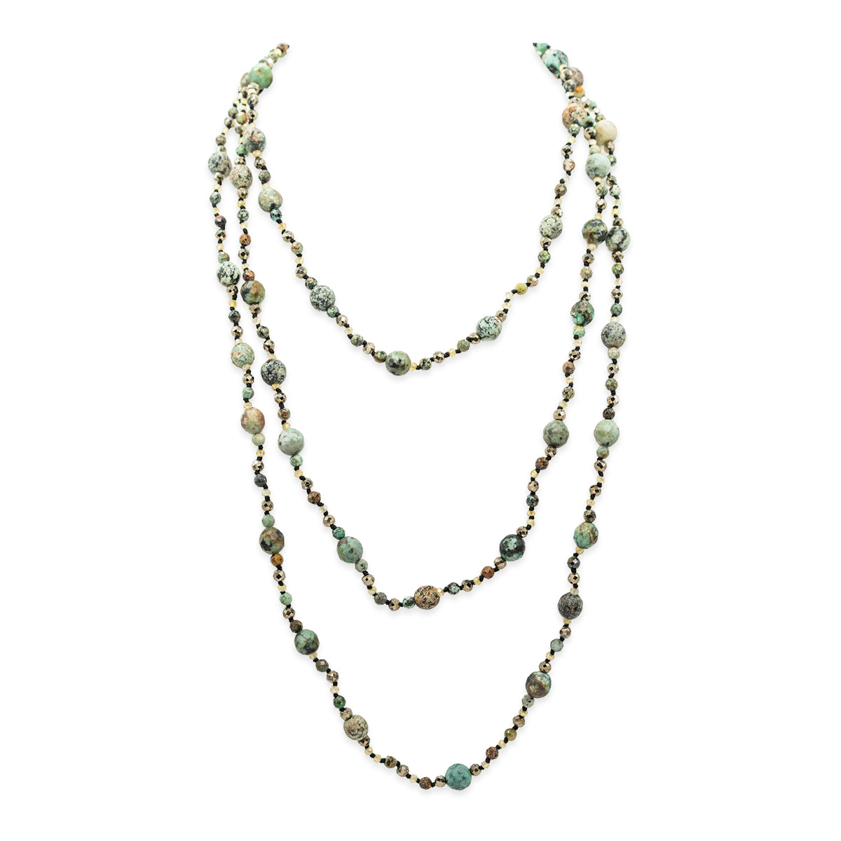 Multistrand necklace with green and brown beads on a white background