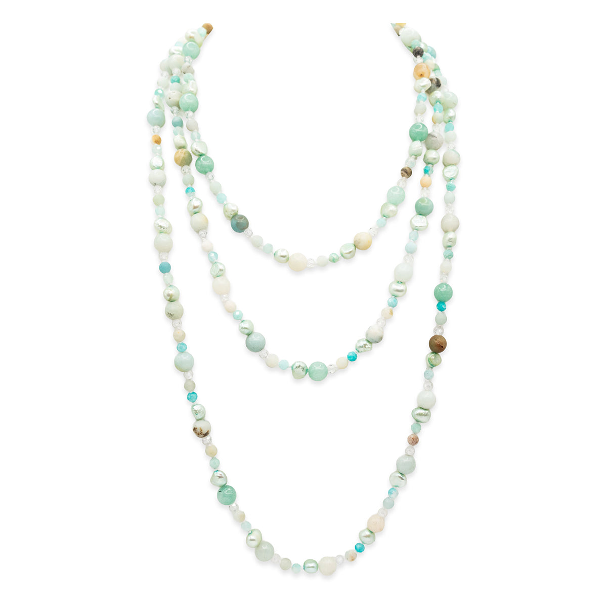 Multicolored beaded necklace on a white background