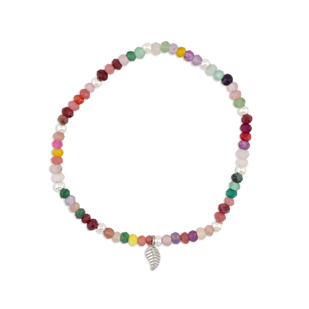 Multicolored beaded bracelet with a silver charm on a white background