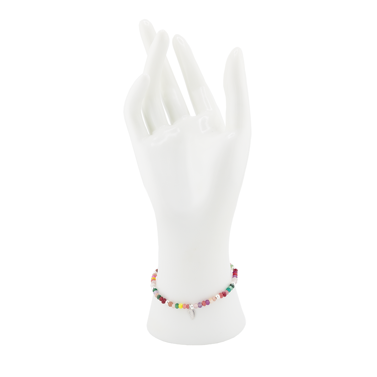 Colorful beaded bracelet on a white mannequin hand with a white background