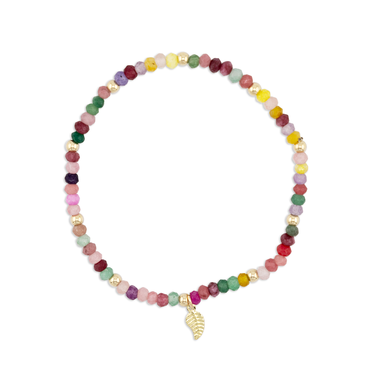 Multicolored beaded bracelet with a gold charm on a white background